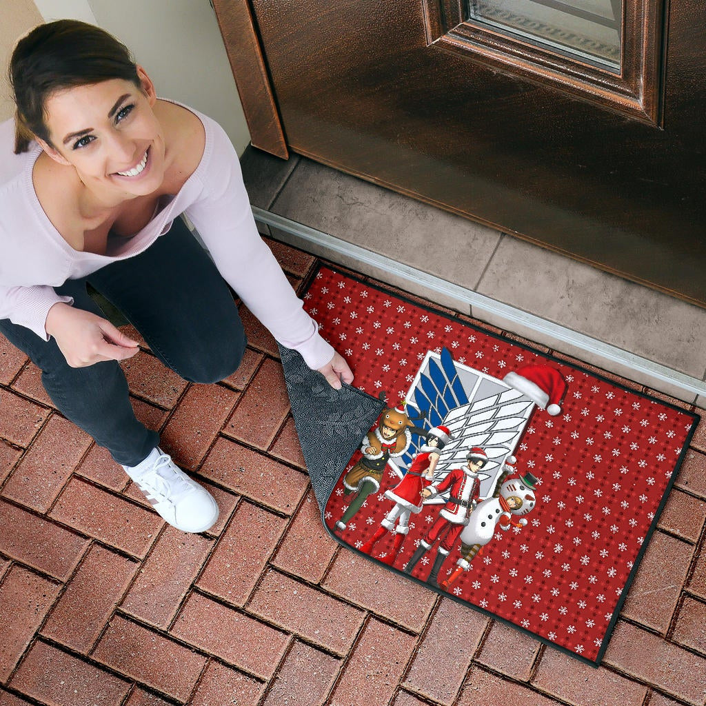 Attack On Titan Anime Door Mat - AOT Merry Christmas Outfit Santa Snowman Reindeer Door Mat
