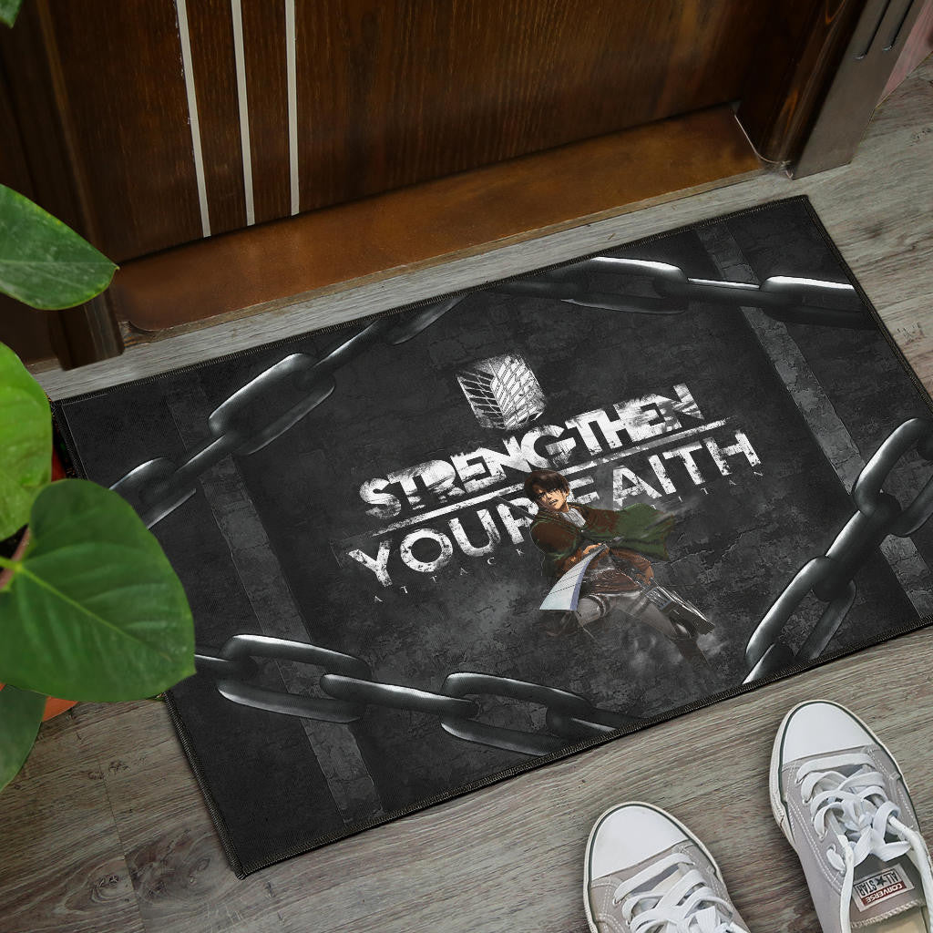 Attack On Titan Anime Door Mat - Levi Fighting Strengthen Your Faith Chains Door Mat Home Decor