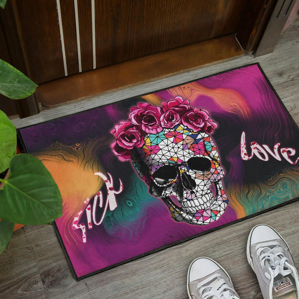 Valentine Door Mat - Mosaic Skull Wearing Rose Crown Sick Love Door Mat Home Decor