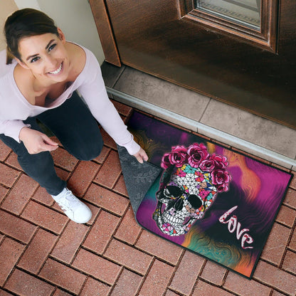 Valentine Door Mat - Mosaic Skull Wearing Rose Crown Sick Love Door Mat Home Decor