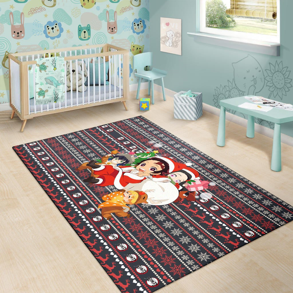 Demon Slayer Anime Area Rug - Merry Christmas Chibi Cosplay Santa Reindeer Xmas Gift Rugs Home Decor
