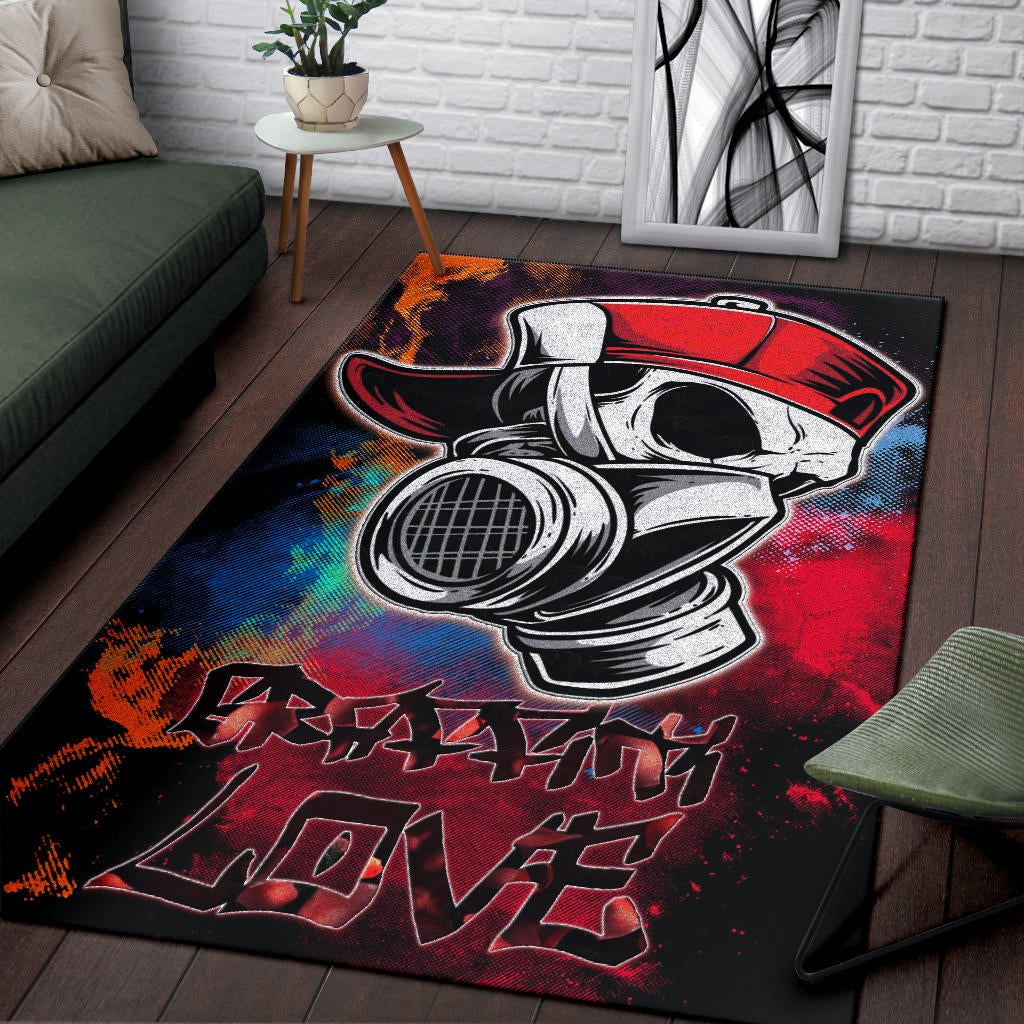Skull Area Rug - Graffiti Love Skull Wearing Street Style Hat Rugs Home Decor