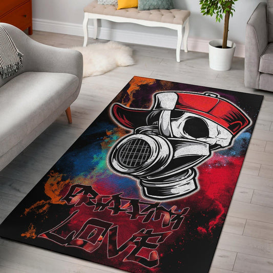 Skull Area Rug - Graffiti Love Skull Wearing Street Style Hat Rugs Home Decor