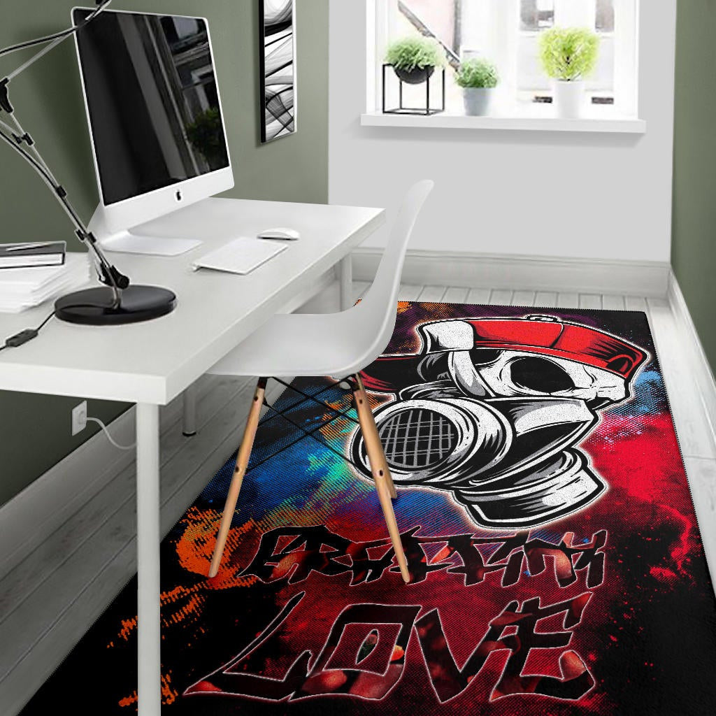 Skull Area Rug - Graffiti Love Skull Wearing Street Style Hat Rugs Home Decor