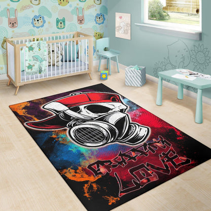 Skull Area Rug - Graffiti Love Skull Wearing Street Style Hat Rugs Home Decor
