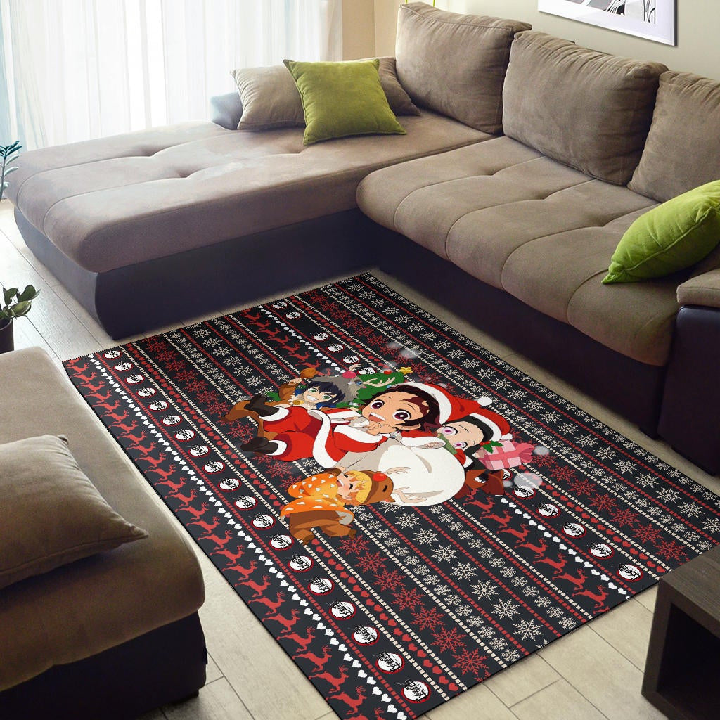 Demon Slayer Anime Area Rug - Merry Christmas Chibi Cosplay Santa Reindeer Xmas Gift Rugs Home Decor