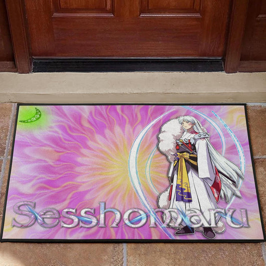 Inuyasha Anime Door Mat Sesshomaru Standing Black Moon Retro Flower Looping Background Door Mat Home Decor