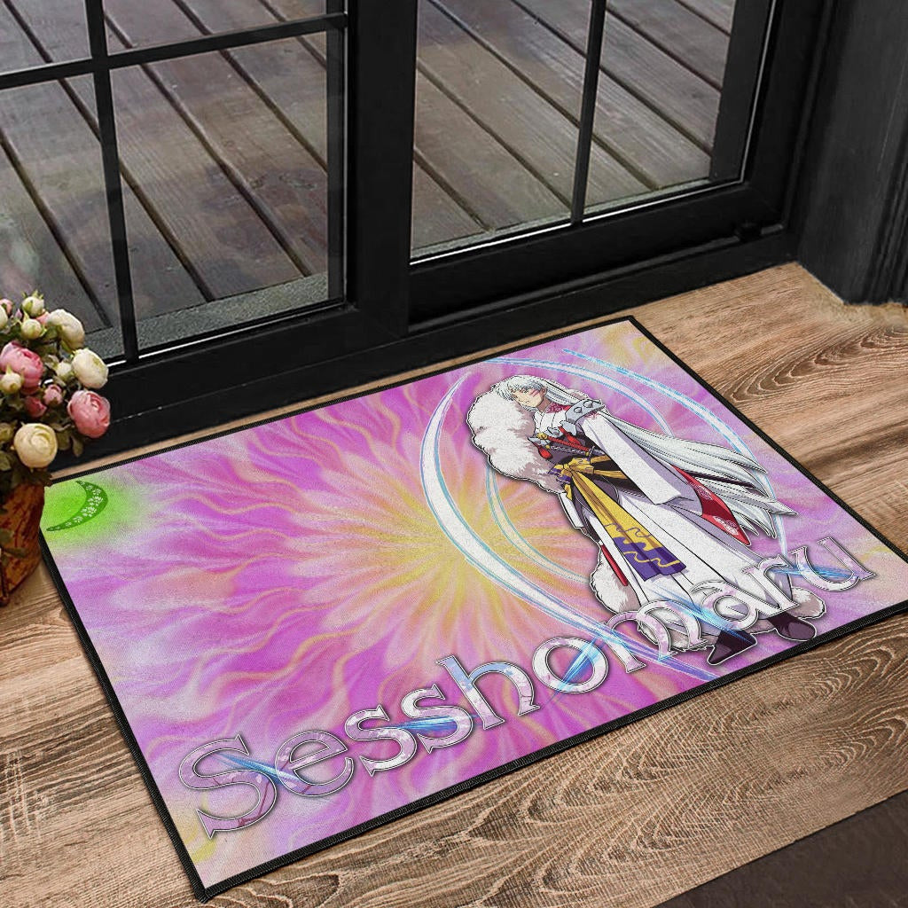 Inuyasha Anime Door Mat Sesshomaru Standing Black Moon Retro Flower Looping Background Door Mat Home Decor