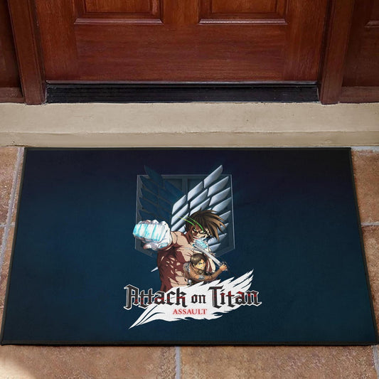 Attack On Titan Anime Door Mat - Eren Titan Punch And Eren Human Metal Wings Of Freedom Door Mat Home Decor