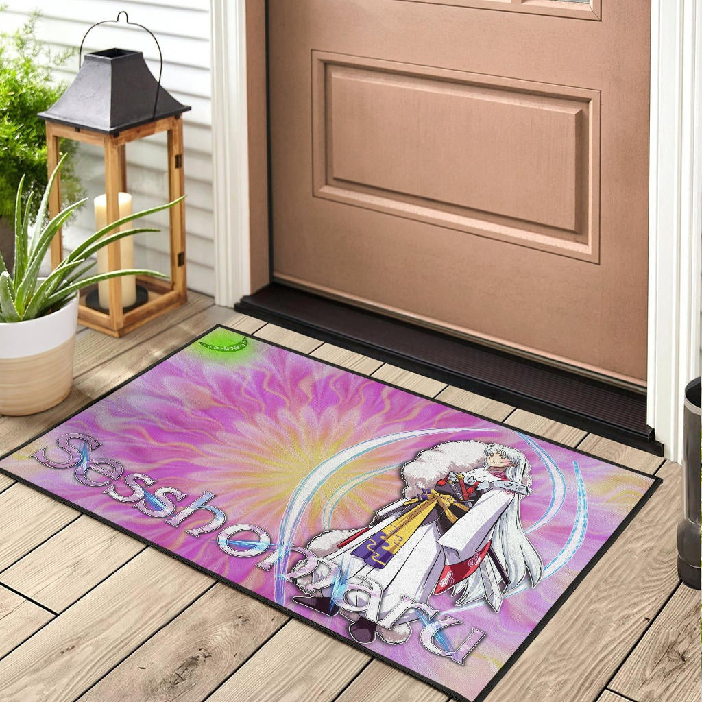 Inuyasha Anime Door Mat Sesshomaru Standing Black Moon Retro Flower Looping Background Door Mat Home Decor