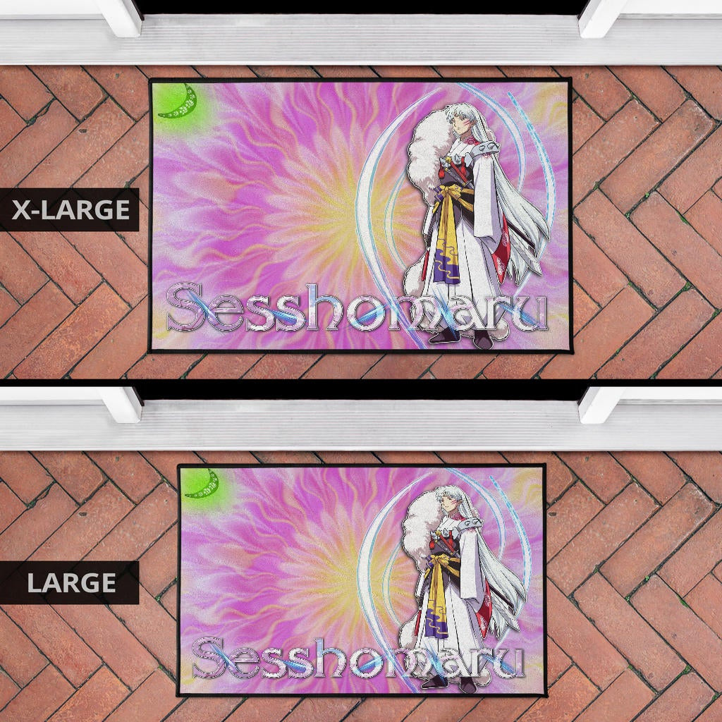 Inuyasha Anime Door Mat Sesshomaru Standing Black Moon Retro Flower Looping Background Door Mat Home Decor