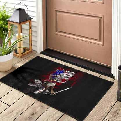 Attack On Titan Anime Door Mat - Mikasa Fighting Bloody Wings Of Freedom Symbol Door Mat Home Decor