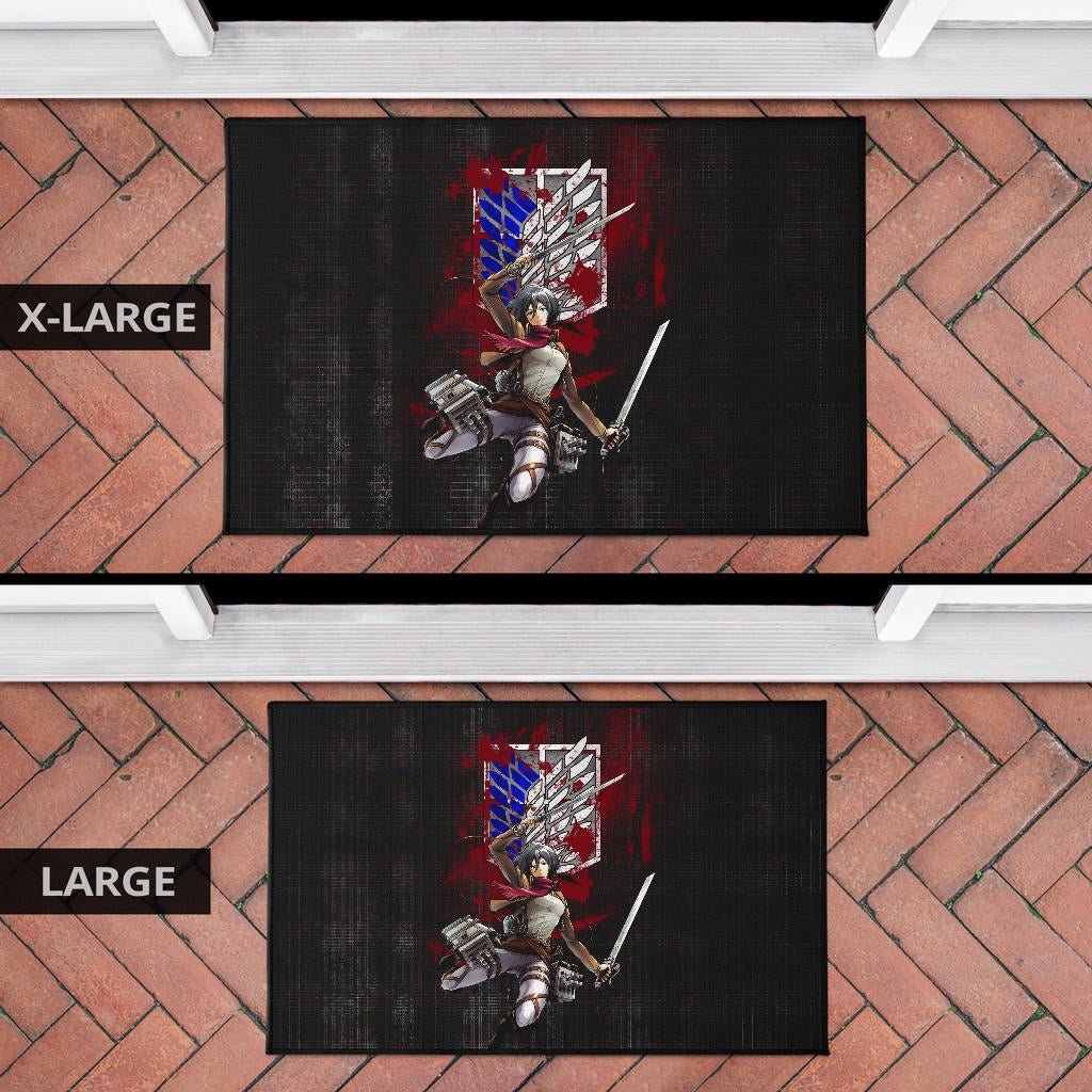 Attack On Titan Anime Door Mat - Mikasa Fighting Bloody Wings Of Freedom Symbol Door Mat Home Decor