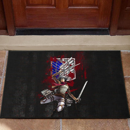 Attack On Titan Anime Door Mat - Mikasa Fighting Bloody Wings Of Freedom Symbol Door Mat Home Decor