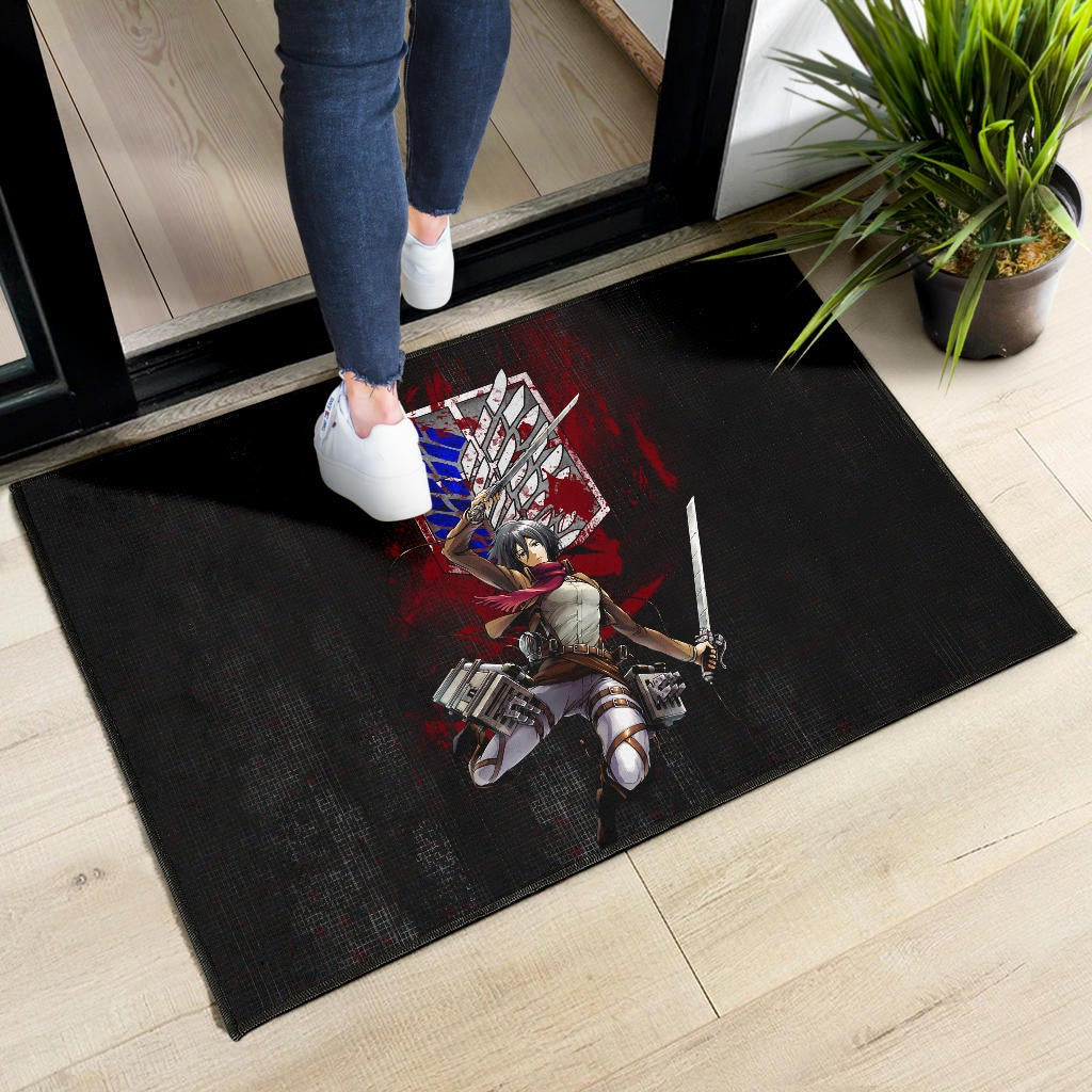 Attack On Titan Anime Door Mat - Mikasa Fighting Bloody Wings Of Freedom Symbol Door Mat Home Decor