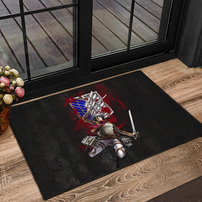Attack On Titan Anime Door Mat - Mikasa Fighting Bloody Wings Of Freedom Symbol Door Mat Home Decor