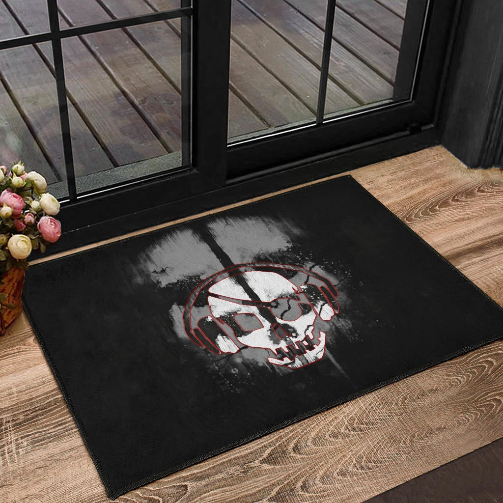 Skull Door Mat - Horror Pirate Skull Wear Headphone Black White Door Mat