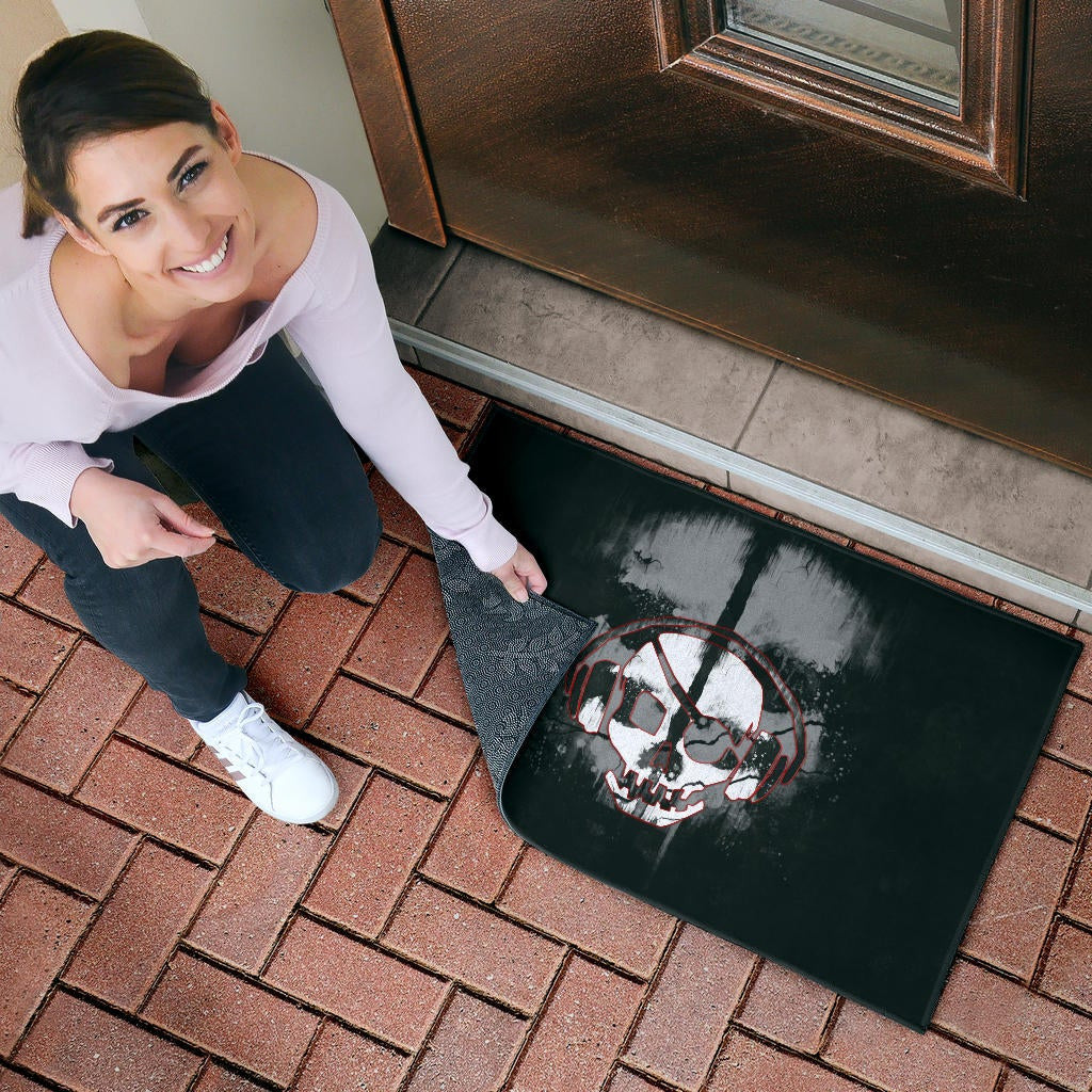 Skull Door Mat - Horror Pirate Skull Wear Headphone Black White Door Mat