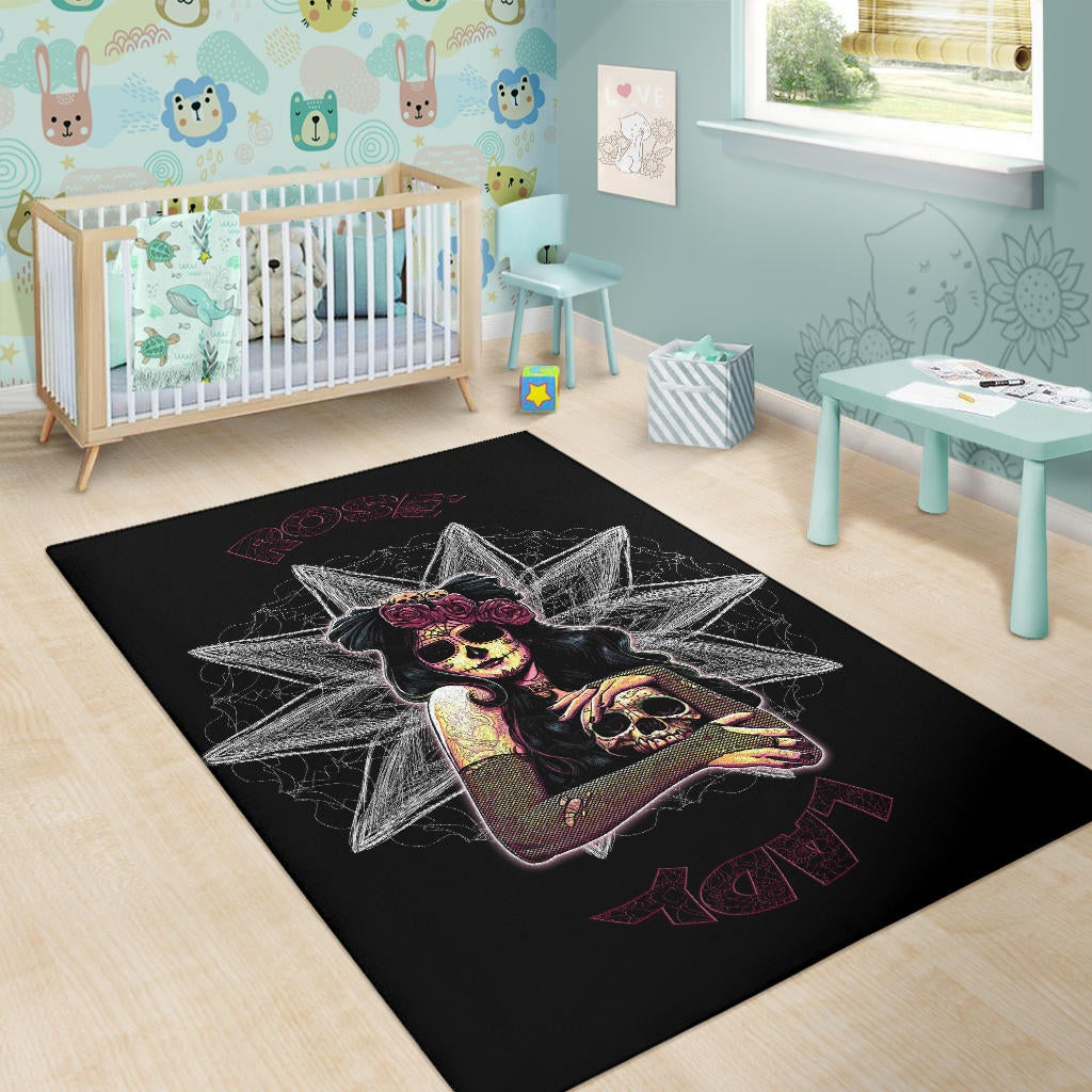 Skull Area Rug - Pretty Death Rose Lady Hug Skull Head Rugs Home Decor