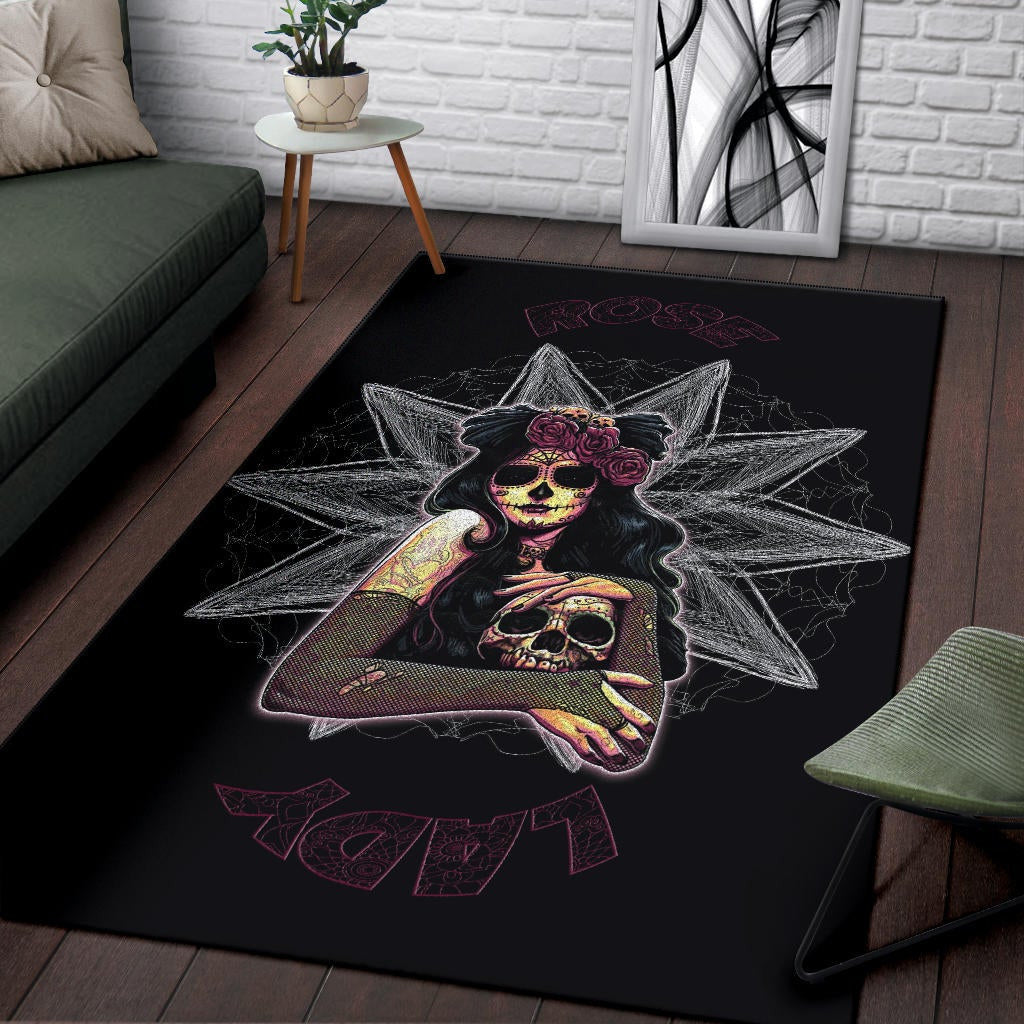 Skull Area Rug - Pretty Death Rose Lady Hug Skull Head Rugs Home Decor