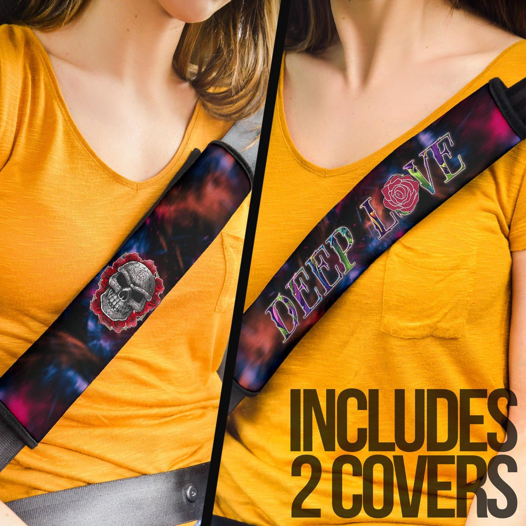 Valentine Seat Belt Covers - Red Rose Tattooed Skull Deep Love Belt Covers