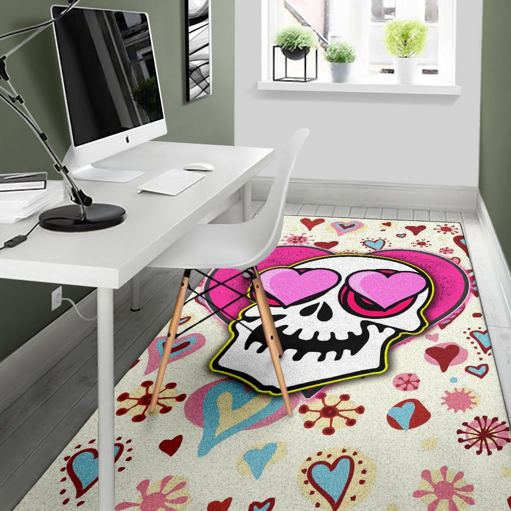 Valentine Area Rug - Skull In Love Heart Eyes Colorful Patterns Rugs Home Decor