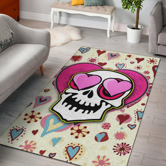 Valentine Area Rug - Skull In Love Heart Eyes Colorful Patterns Rugs Home Decor