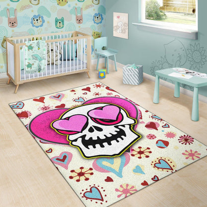 Valentine Area Rug - Skull In Love Heart Eyes Colorful Patterns Rugs Home Decor