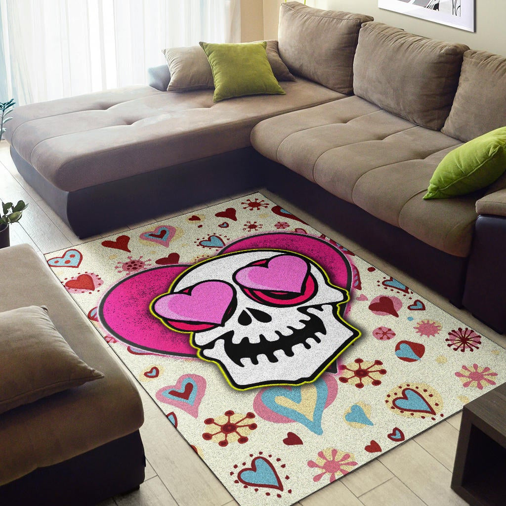 Valentine Area Rug - Skull In Love Heart Eyes Colorful Patterns Rugs Home Decor