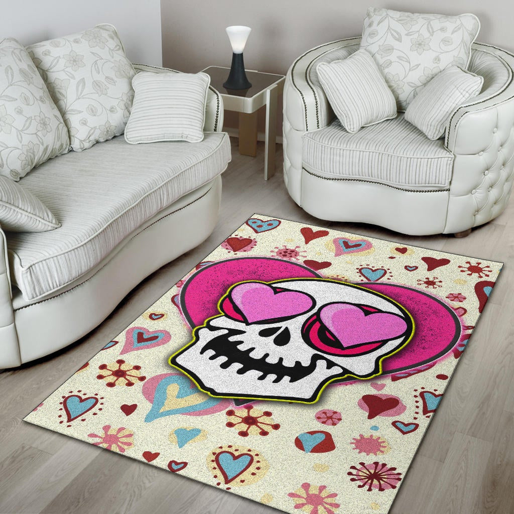 Valentine Area Rug - Skull In Love Heart Eyes Colorful Patterns Rugs Home Decor