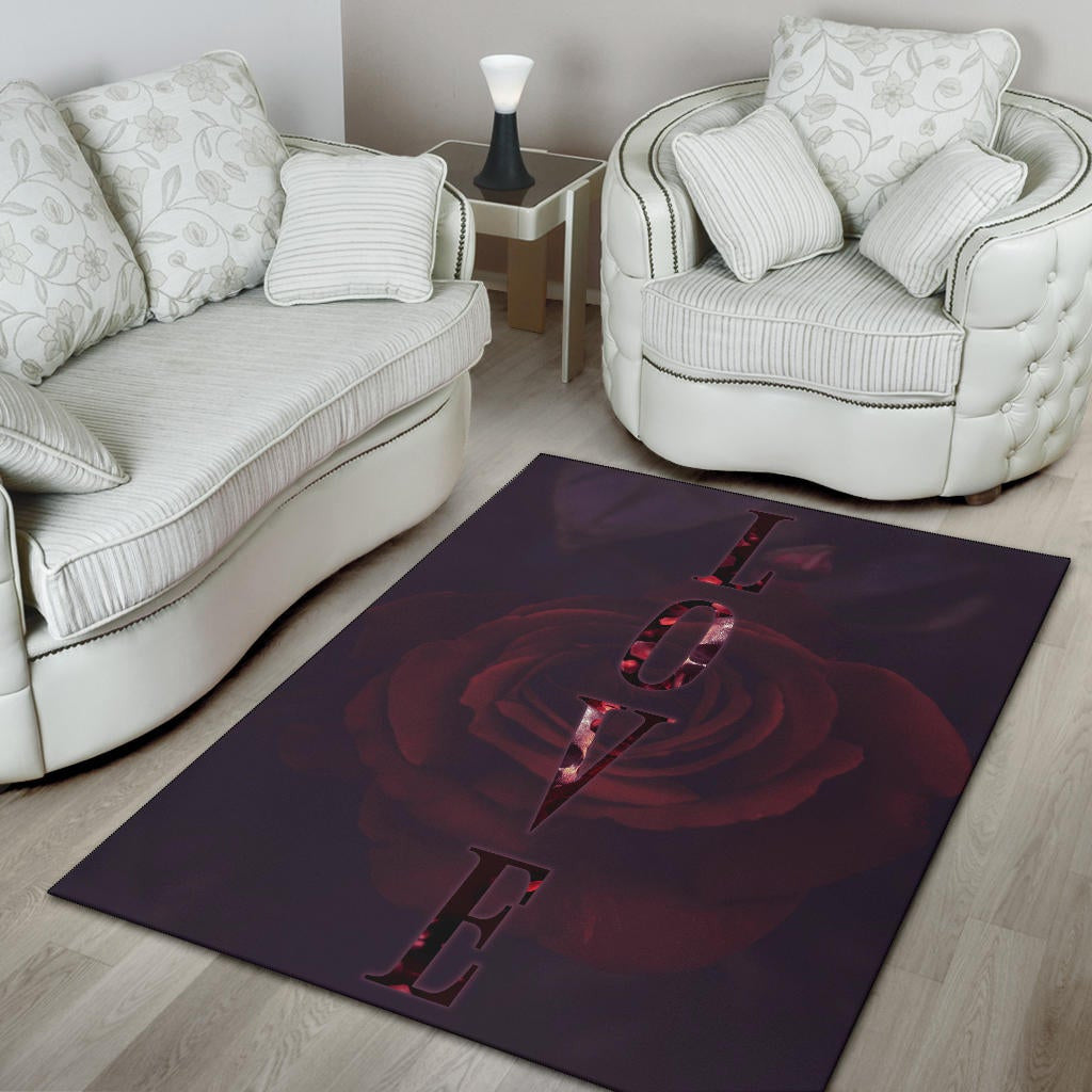 Love Area Rug - LOVE Text Rose Flower Black Background Rugs Home Decor