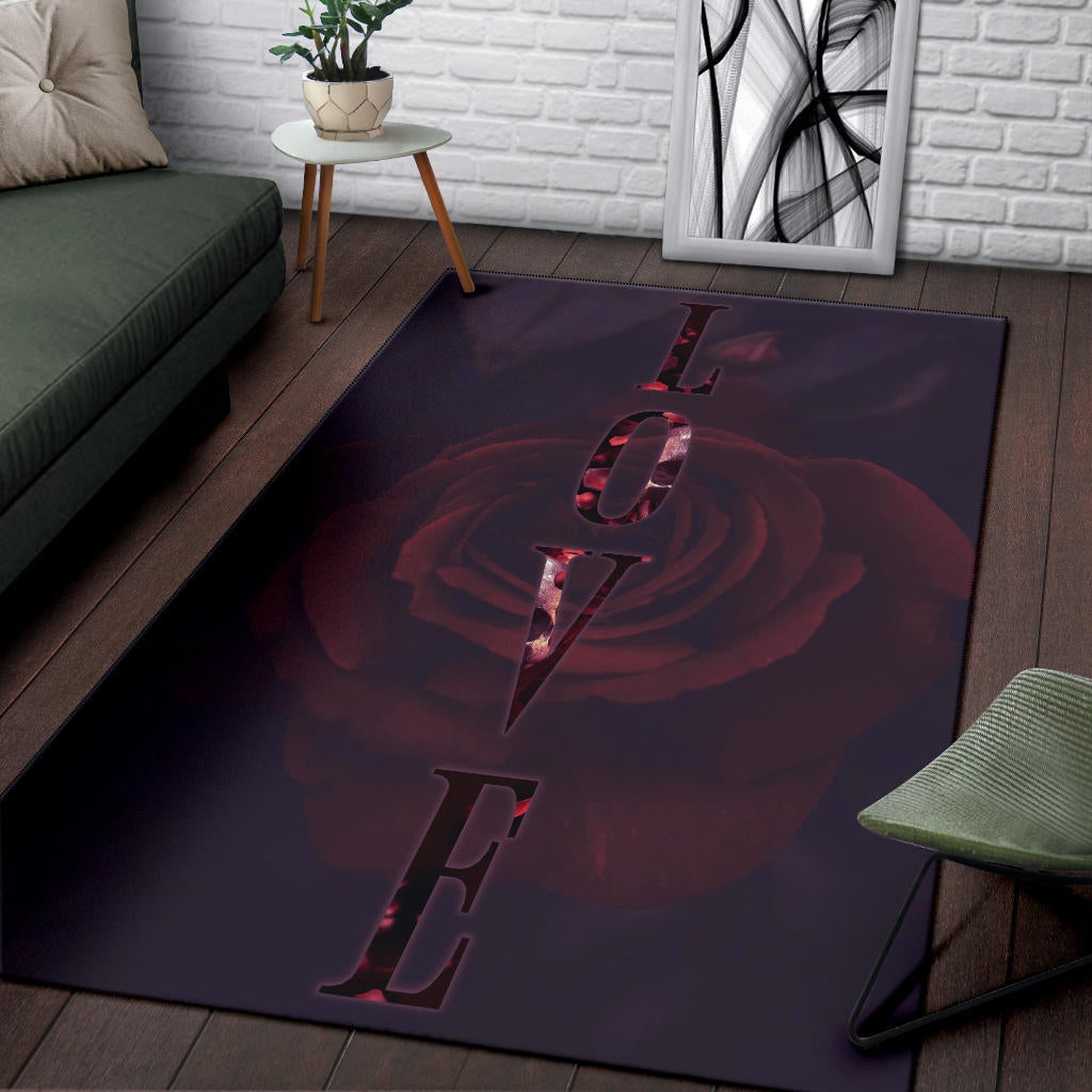 Love Area Rug - LOVE Text Rose Flower Black Background Rugs Home Decor