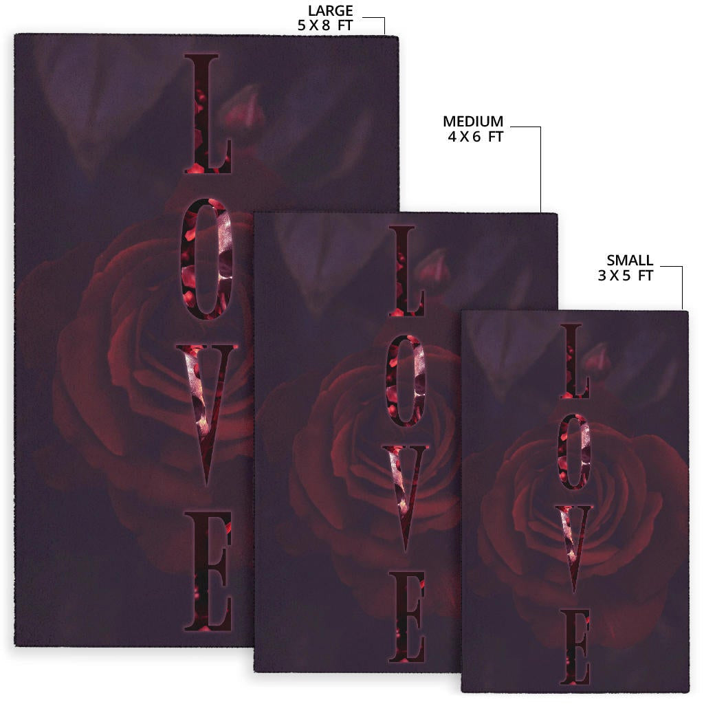 Love Area Rug - LOVE Text Rose Flower Black Background Rugs Home Decor