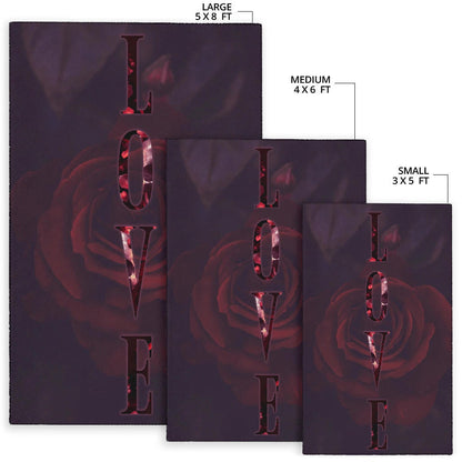 Love Area Rug - LOVE Text Rose Flower Black Background Rugs Home Decor