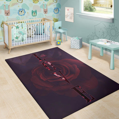 Love Area Rug - LOVE Text Rose Flower Black Background Rugs Home Decor