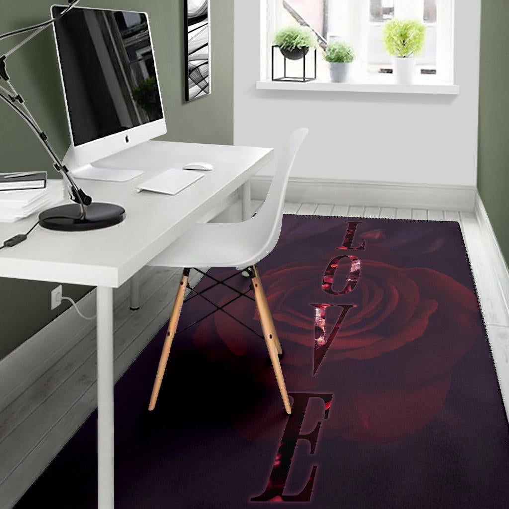 Love Area Rug - LOVE Text Rose Flower Black Background Rugs Home Decor