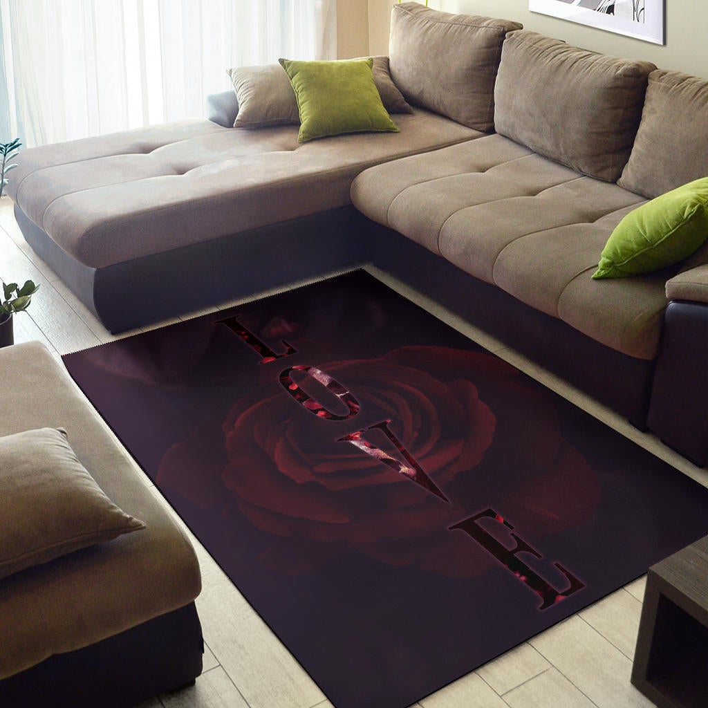 Love Area Rug - LOVE Text Rose Flower Black Background Rugs Home Decor
