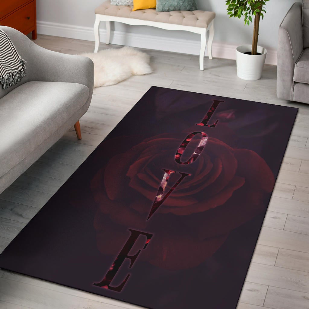 Love Area Rug - LOVE Text Rose Flower Black Background Rugs Home Decor