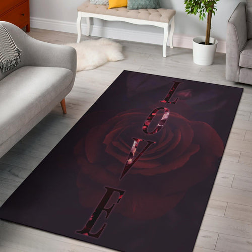 Love Area Rug - LOVE Text Rose Flower Black Background Rugs Home Decor