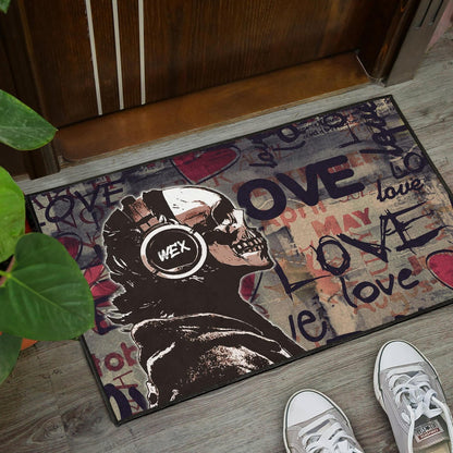 Love Door Mat - Introvert Skeleton Wearing Headphone Love Patterns Door Mat