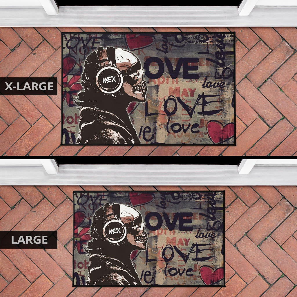 Love Door Mat - Introvert Skeleton Wearing Headphone Love Patterns Door Mat