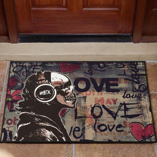 Love Door Mat - Introvert Skeleton Wearing Headphone Love Patterns Door Mat