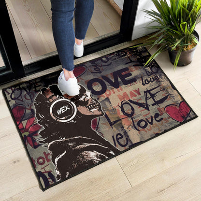 Love Door Mat - Introvert Skeleton Wearing Headphone Love Patterns Door Mat