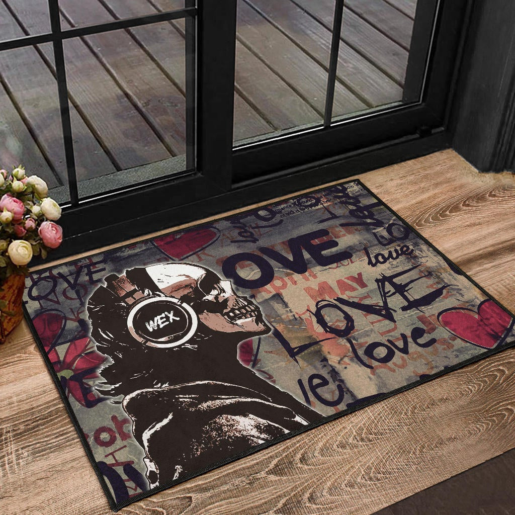 Love Door Mat - Introvert Skeleton Wearing Headphone Love Patterns Door Mat
