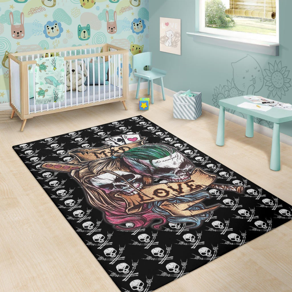 Valentine Area Rug - Mad Love Harley Quinn And Joker Skull Patterns Rugs Home Decor