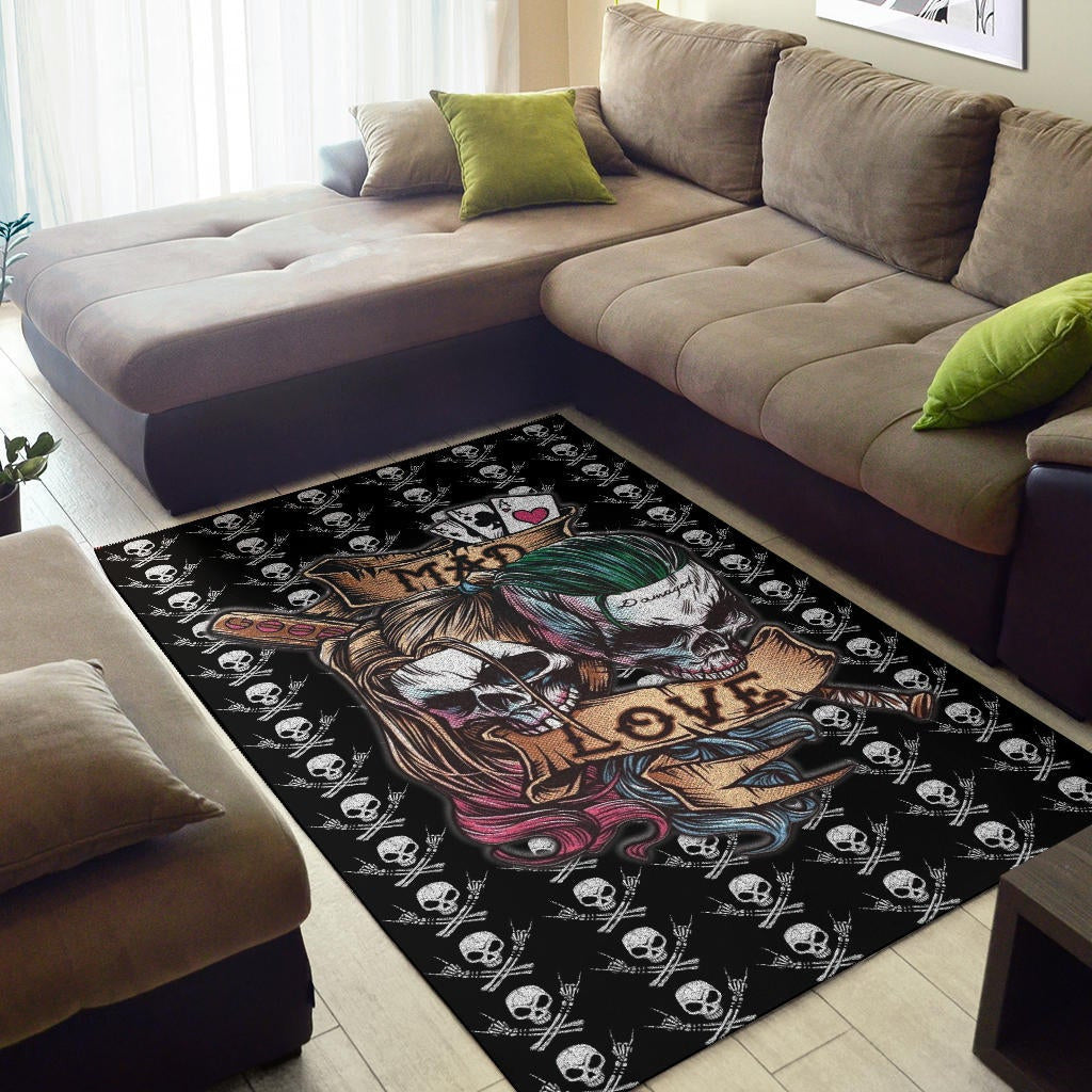 Valentine Area Rug - Mad Love Harley Quinn And Joker Skull Patterns Rugs Home Decor