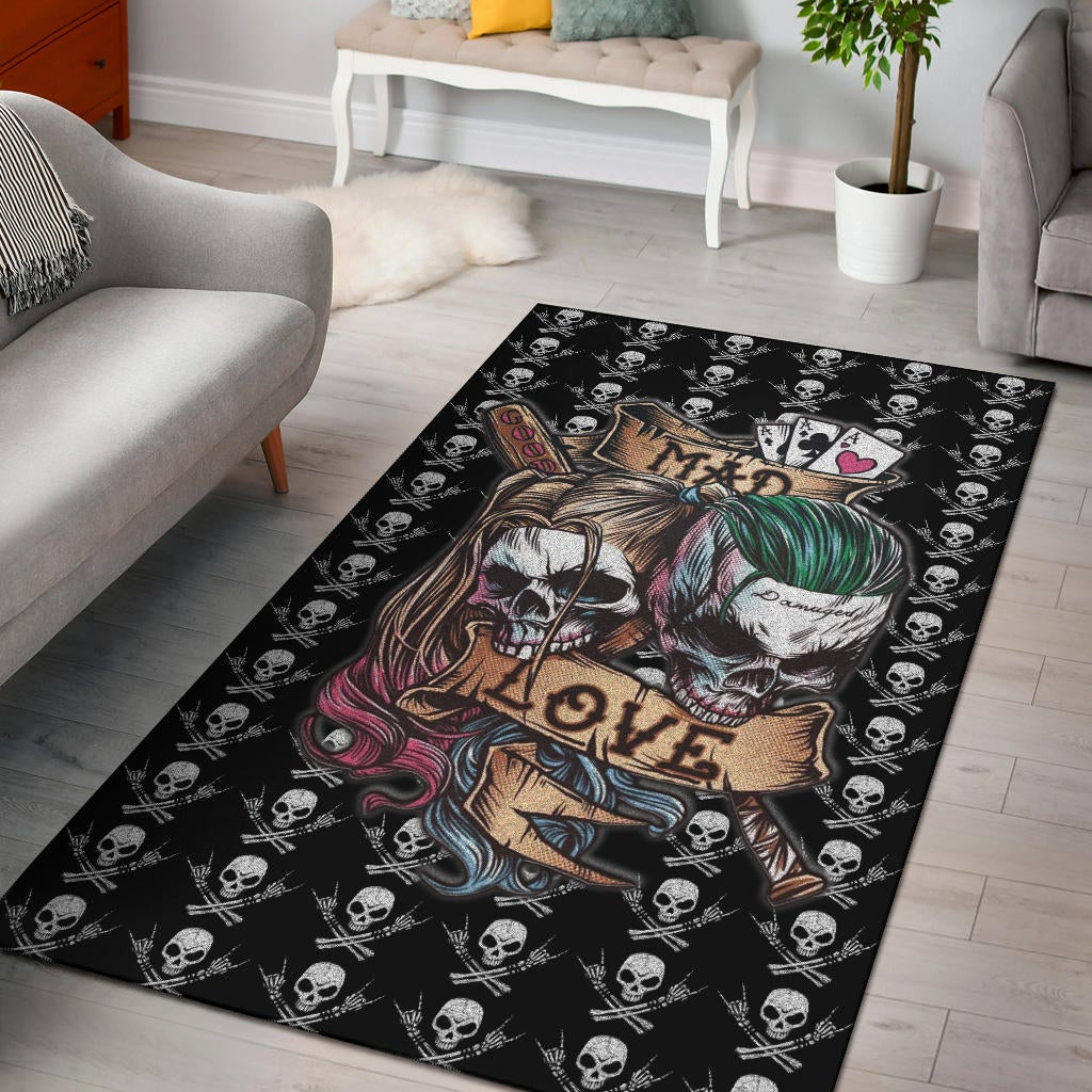 Valentine Area Rug - Mad Love Harley Quinn And Joker Skull Patterns Rugs Home Decor