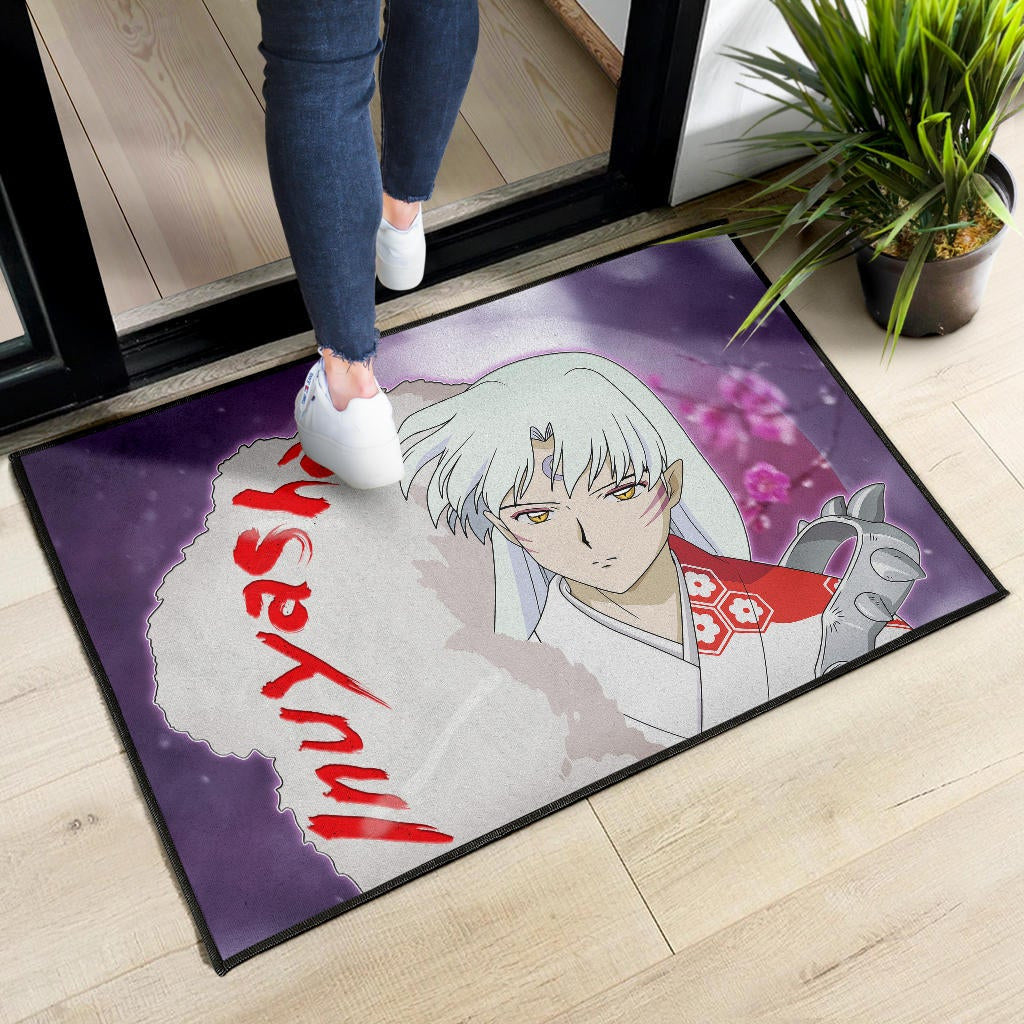 Inuyasha Anime Door Mat Sad Sesshomaru Face Sakura Blossom Flower At Night Door Mat Home Decor