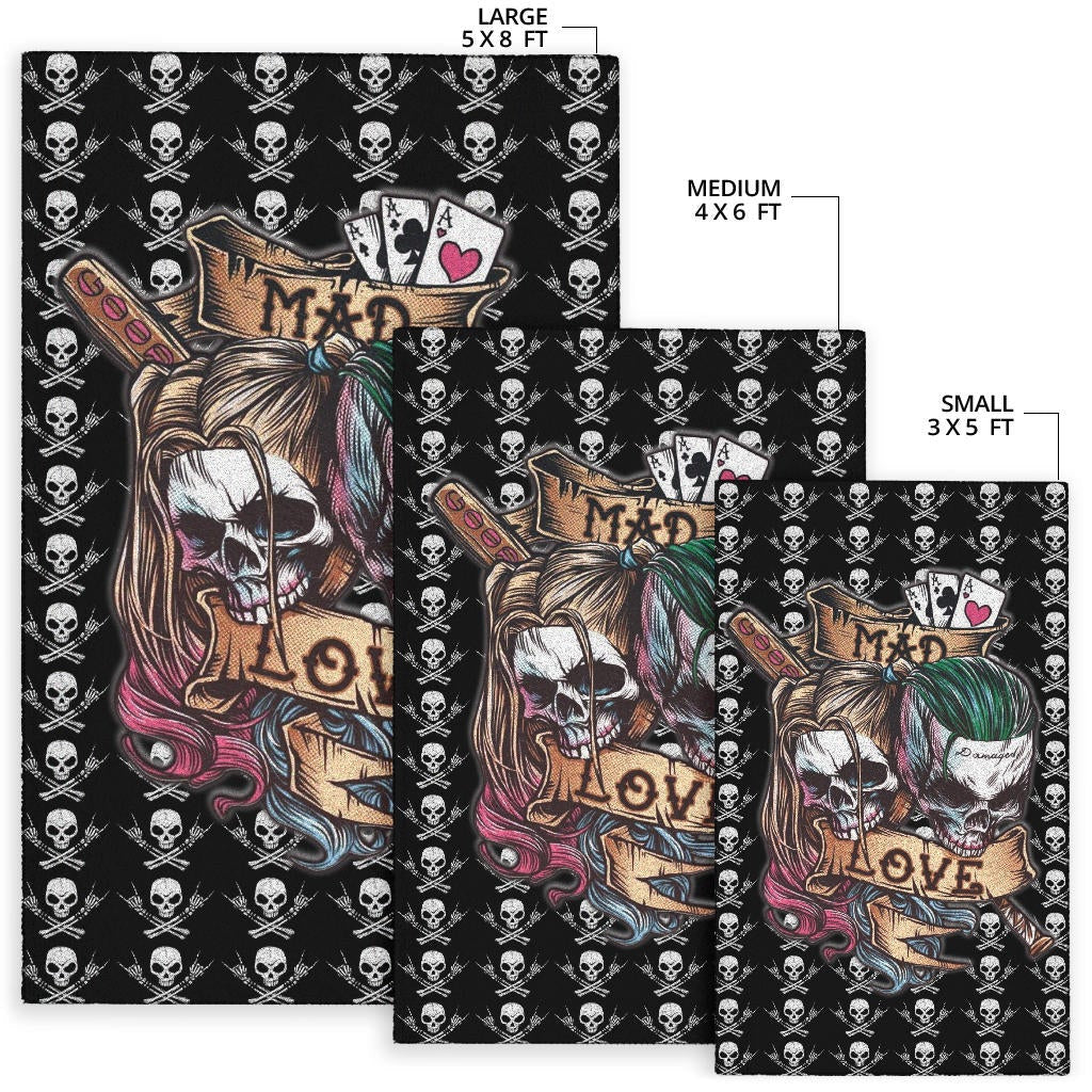 Valentine Area Rug - Mad Love Harley Quinn And Joker Skull Patterns Rugs Home Decor