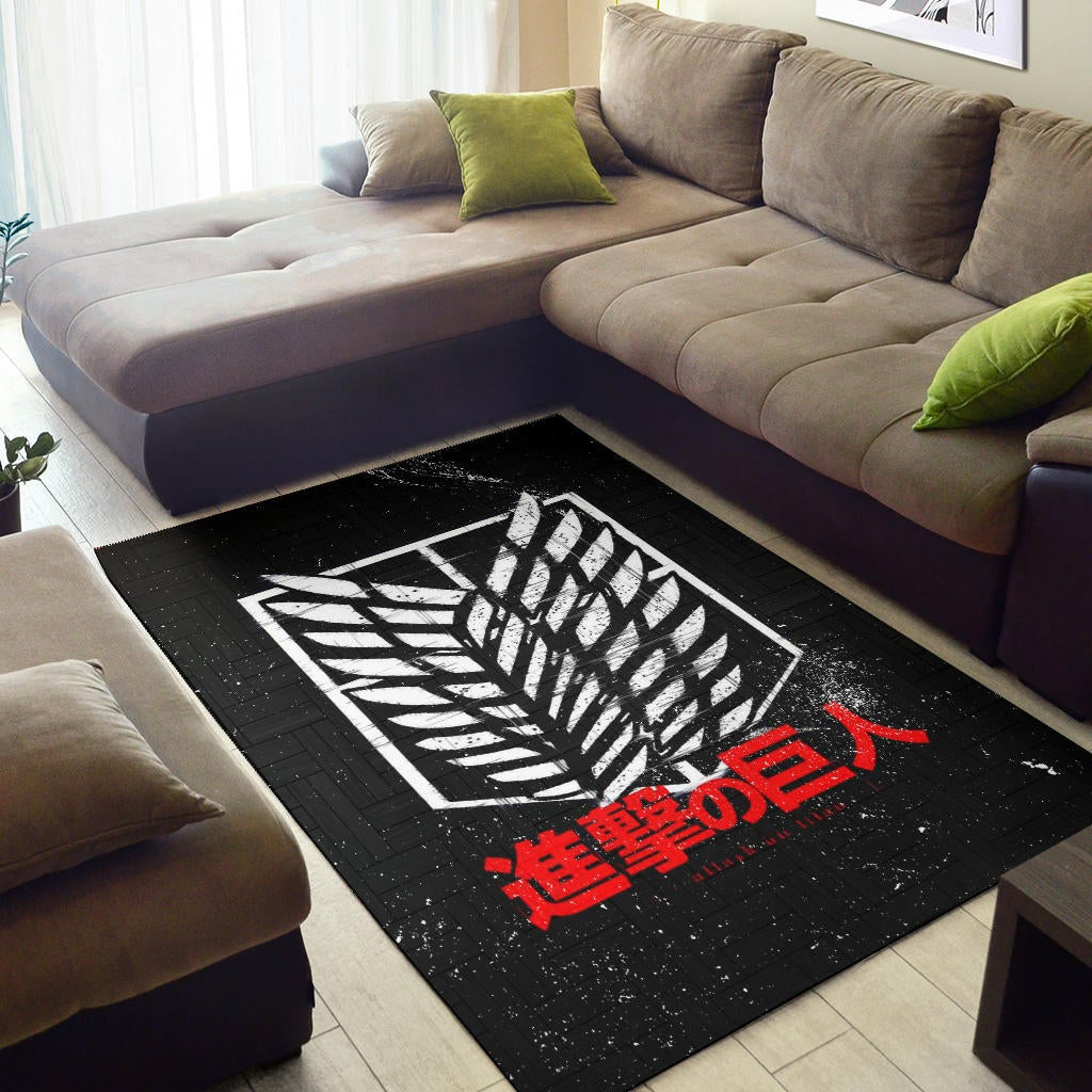 Attack On Titan Anime Area Rug - White Faded Wings Of Free Symbol Red Kanji Rugs Home Decor
